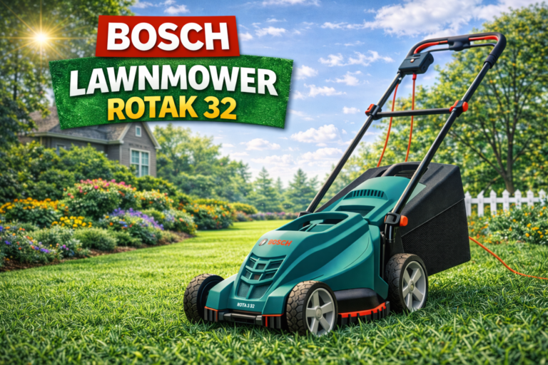 Bosch lawnmower in sunny garden