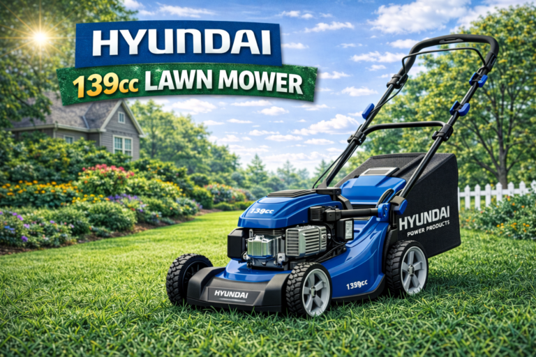 Hyundai 139cc lawn mower in garden