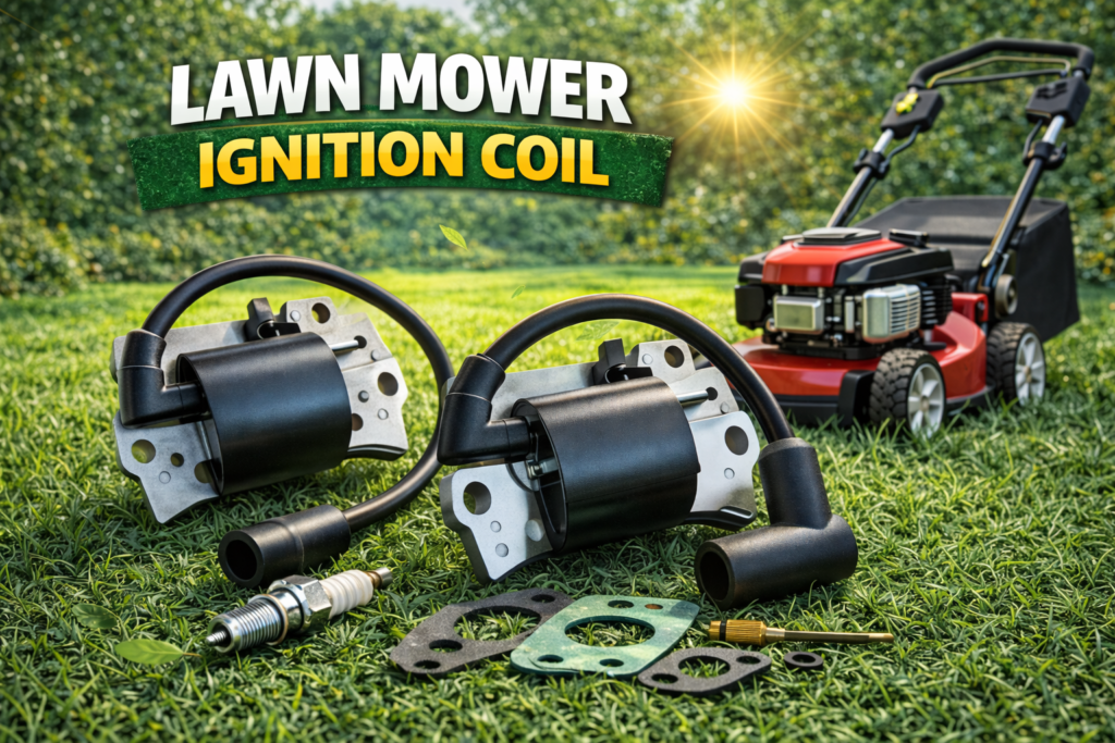 Lawn mower parts on green grass