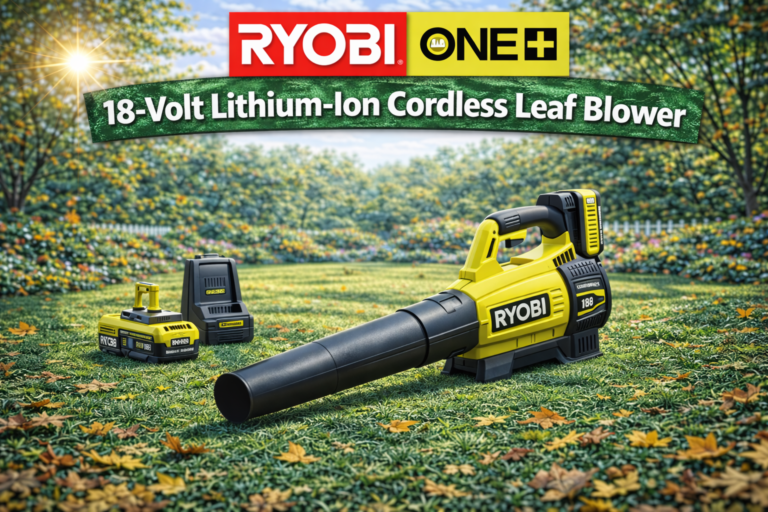Ryobi cordless leaf blower in garden