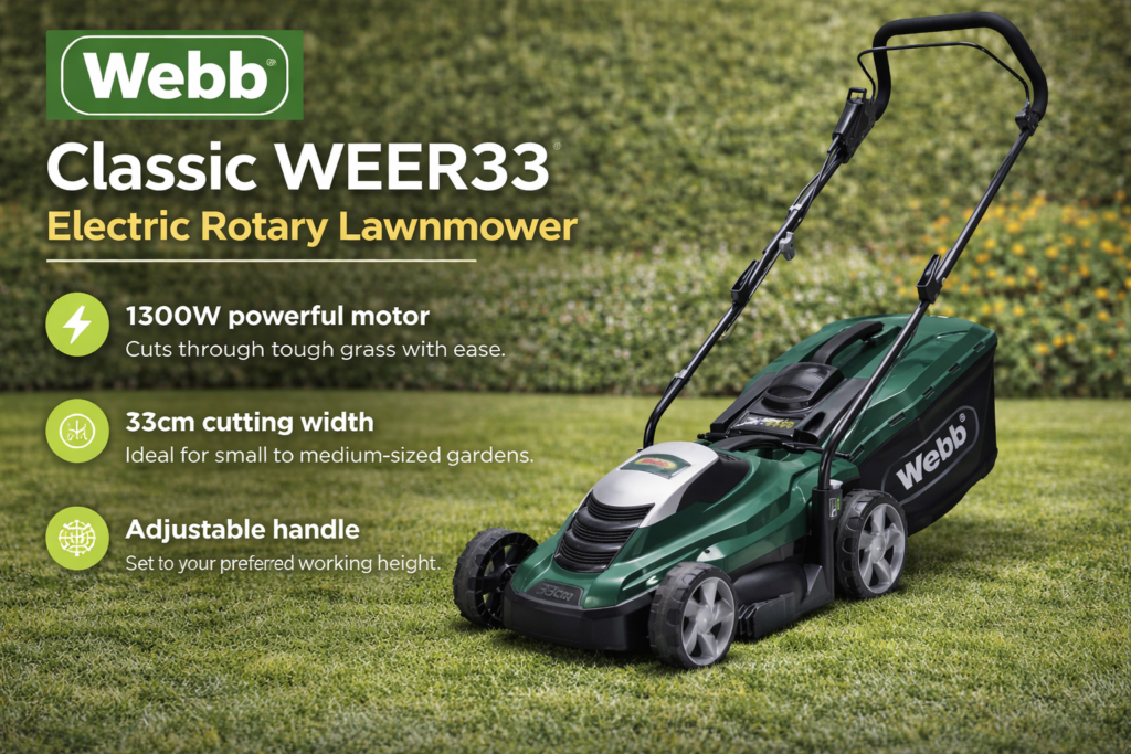 Webb Classic WEER33 Electric Rotary Lawnmower Powered by a 1300W electric motor, the WEER33 delivers consistent cutting performance for everyday mowing tasks. It features a 33 cm cutting width and five adjustable cutting heights (25–65 mm), allowing you to customize the finish based on your lawn’s condition. The mower also includes a 35-litre grass collection bag, helping reduce interruptions while mowing. With its lightweight design (around 8.8 kg), foldable handle, and 10-metre power cable, the Webb WEER33 is easy to manoeuvre and store, making it ideal for small garden spaces.